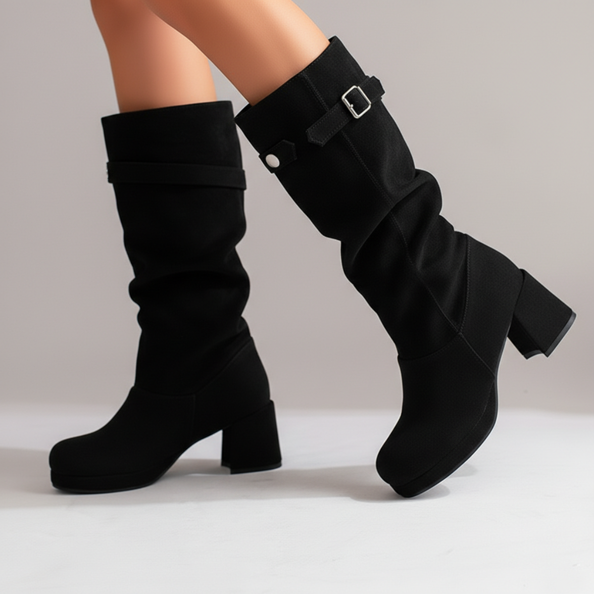 Women's Knee-High Boots Adjustable Buckle Block Heel 9