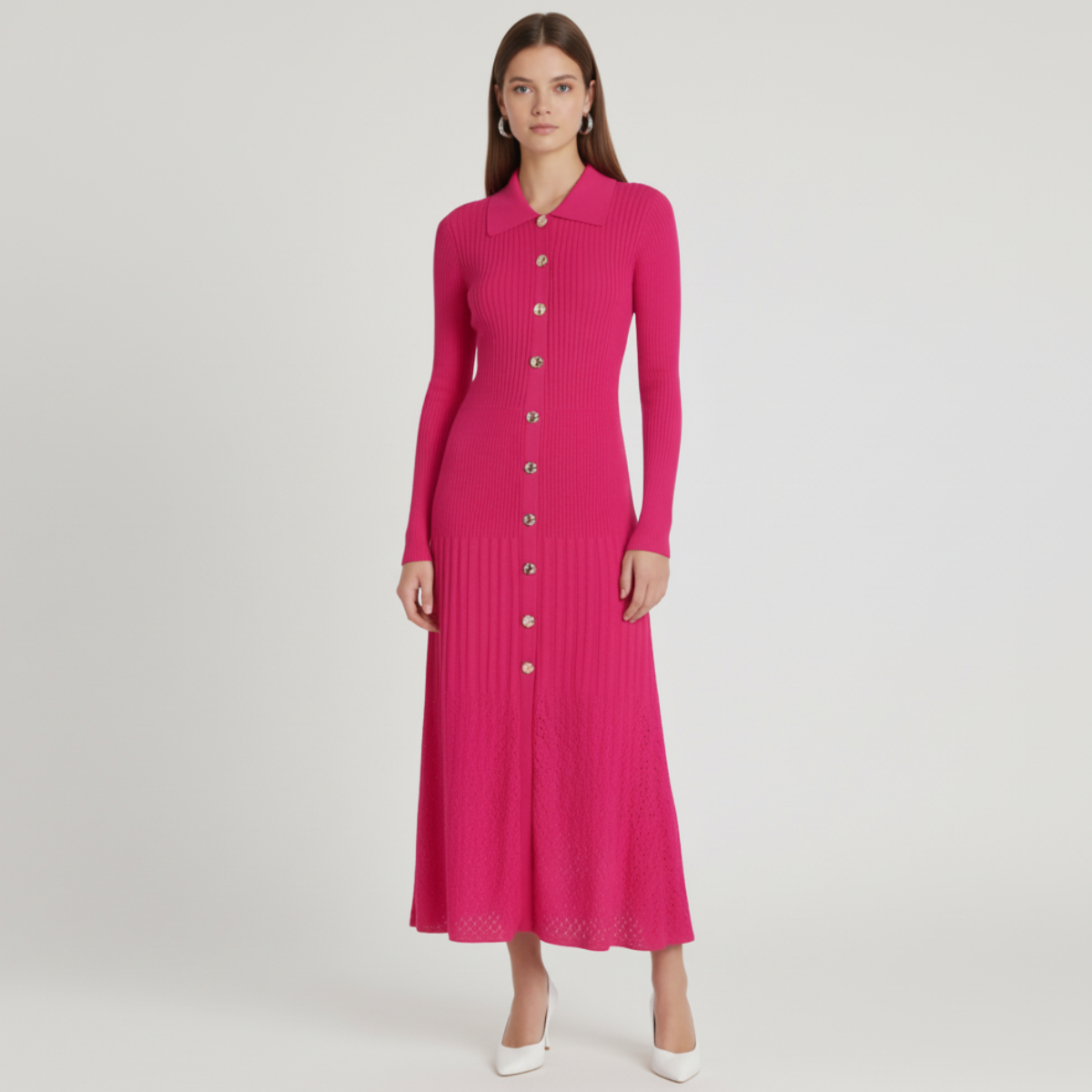 Women's Collared Knit Dress Fitted Button Sweater Frock 7