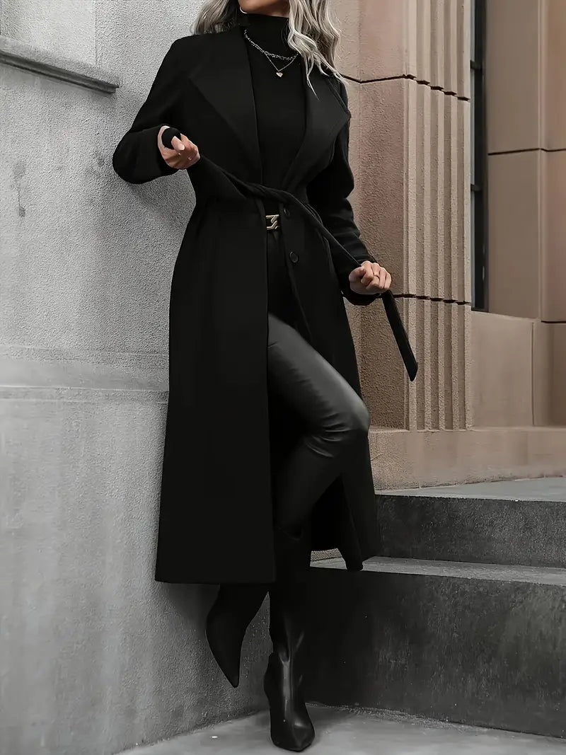 Chic Black Belted Long Trench Coat for Fall & Winter Wear