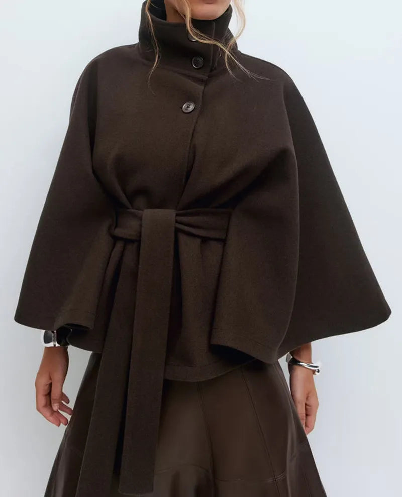 Chic Cape Coat for Women - Funnel Neck & Belted Design