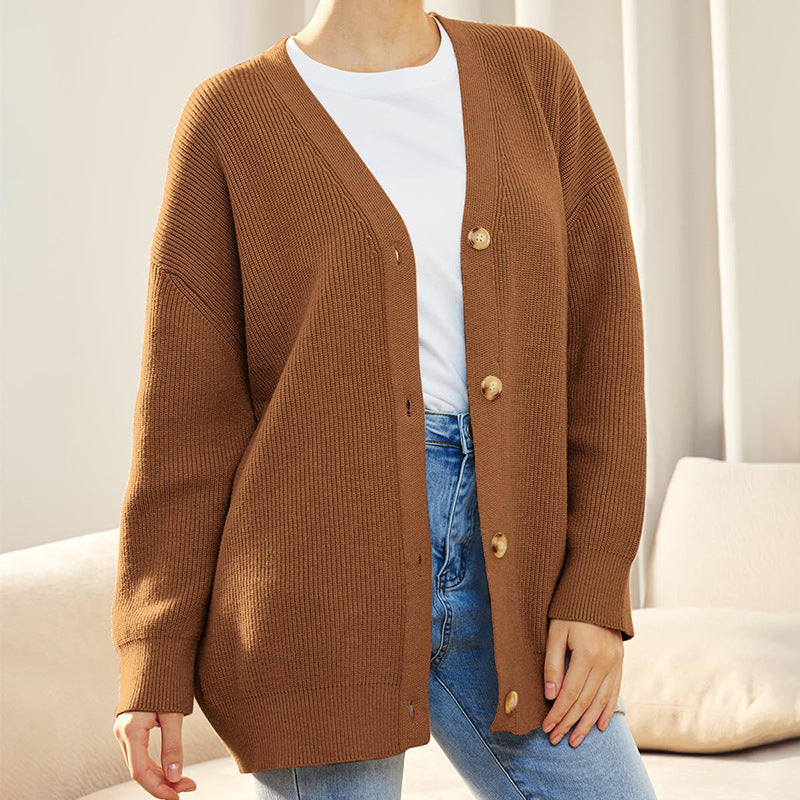 Cozy Oversized Knit Cardigan Sweater for Women - V-Neck Ribbed Design
