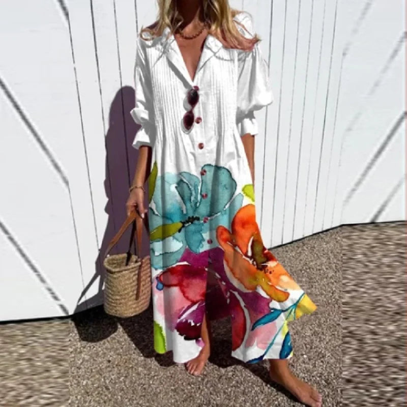 Maxi Dress Women's | Bold Floral Print & V-Neck Long Sleeve