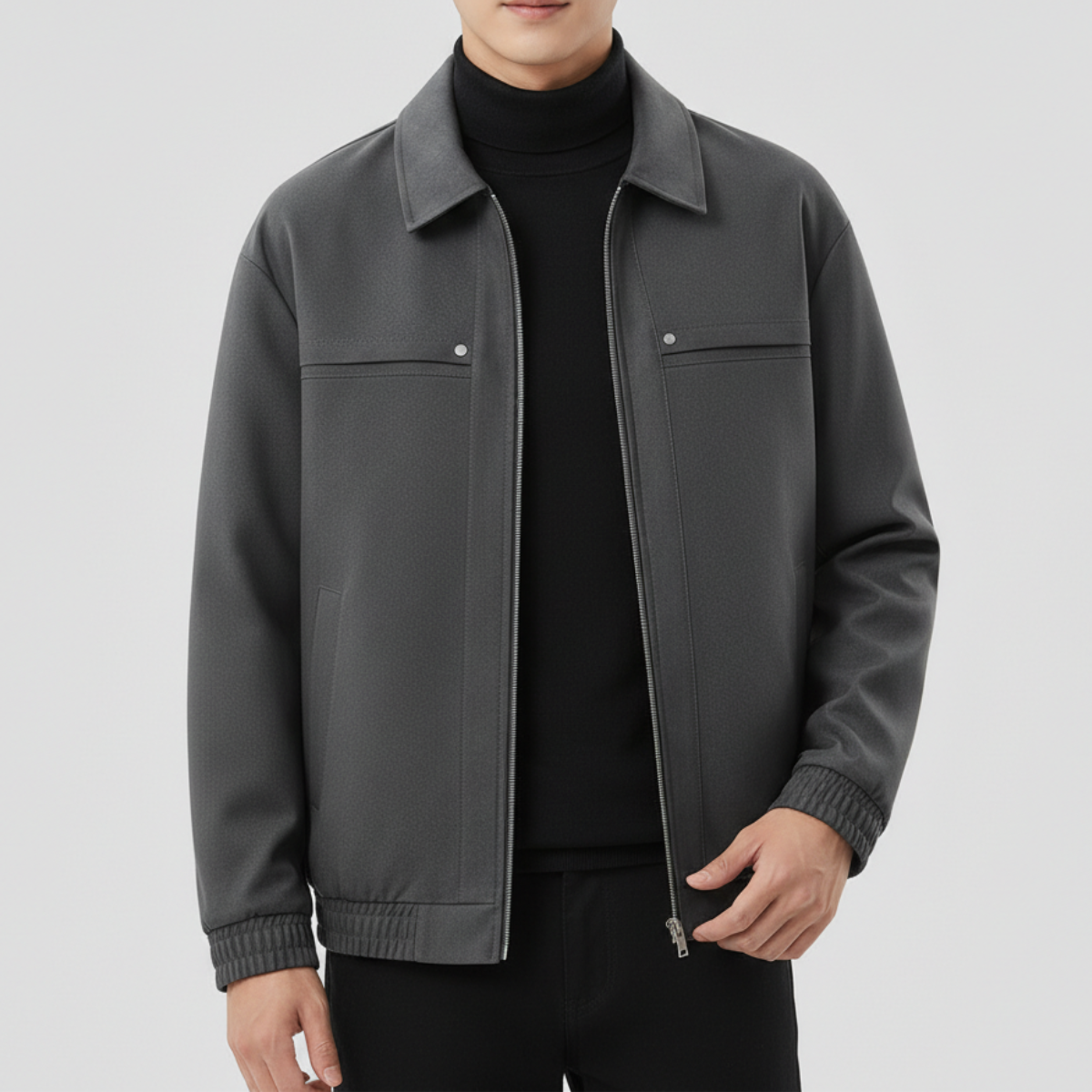 Men's Bomber Jacket Structured Collar Elastic Cuffs with Panel Detail