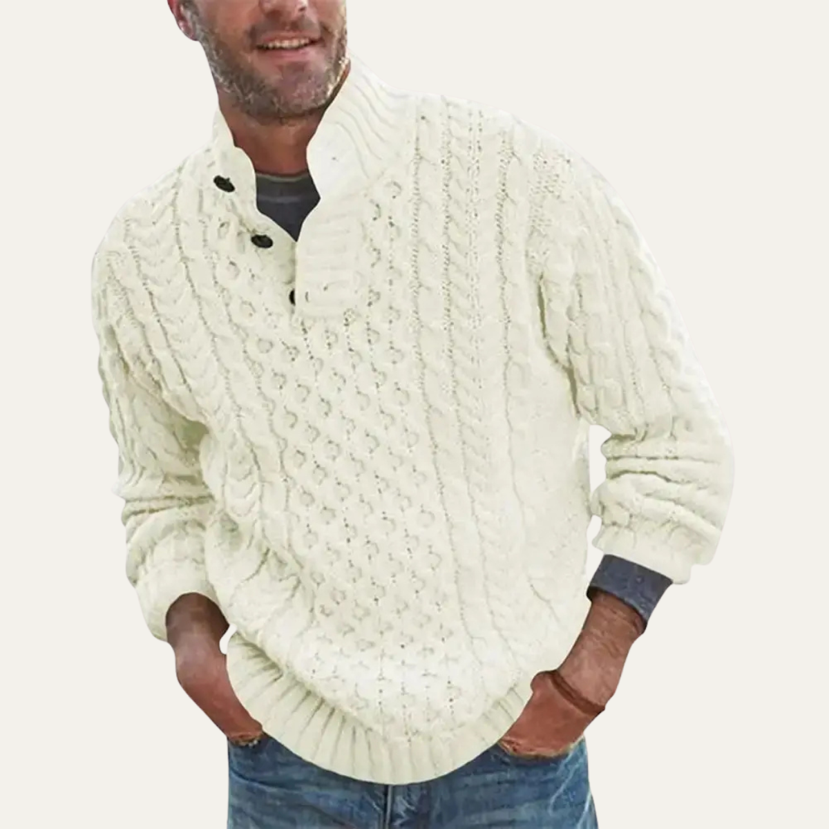 Men's Chunky Cable Knit Sweater | Button Neck Collar