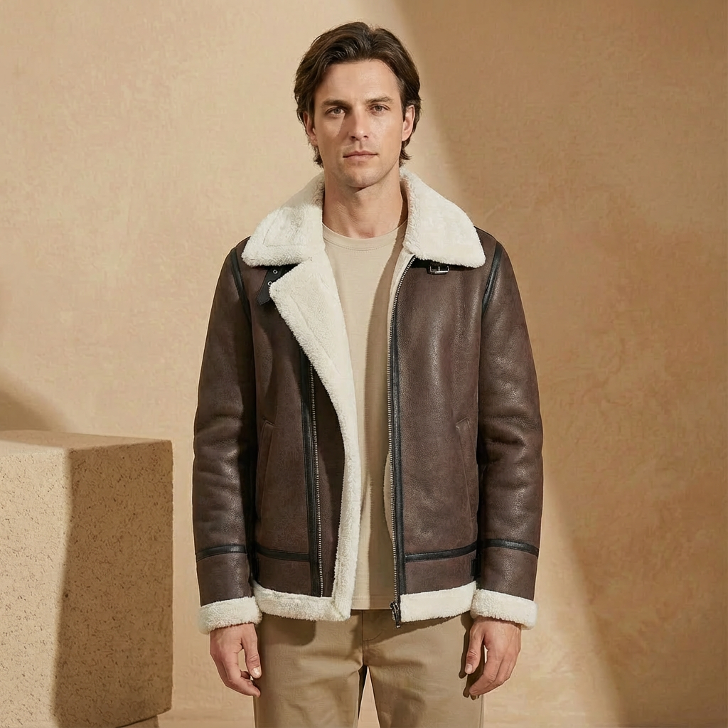 Men's Jacket Wide Flat Collar Slit Pockets Belt with Sherpa Lining