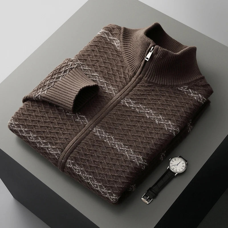 Men's Knit Sweater Zip Up Stand Collar Ribbed Cuffs with Woven Pattern