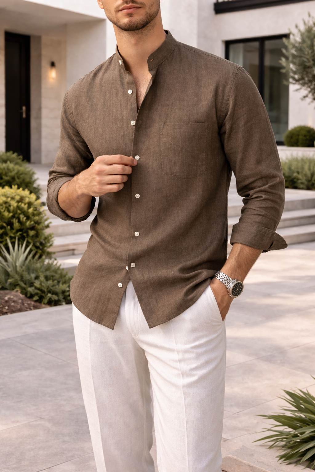 Men's Long Sleeve Henley Shirt | Stand Collar & Chest Pocket