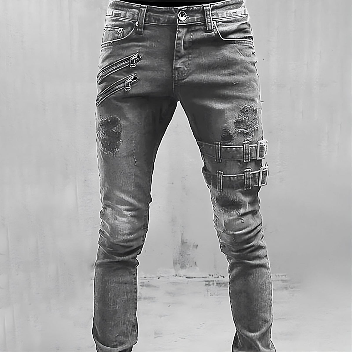 Men's Skinny Jeans Distressed Ripped Zip Pocket with Buckle Straps