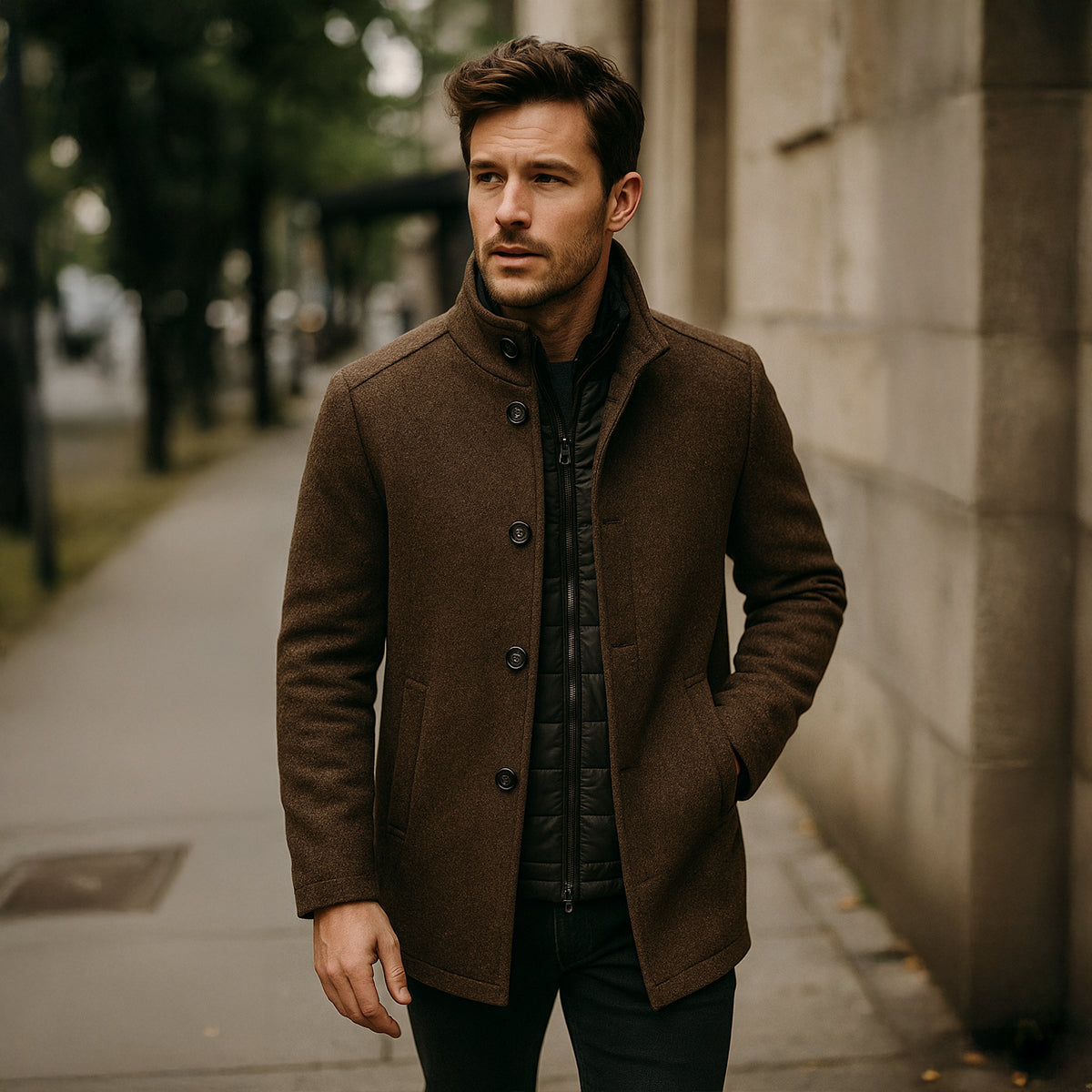 Men's Trench Coat Slim Fit Long Line Button Front with Side Pockets