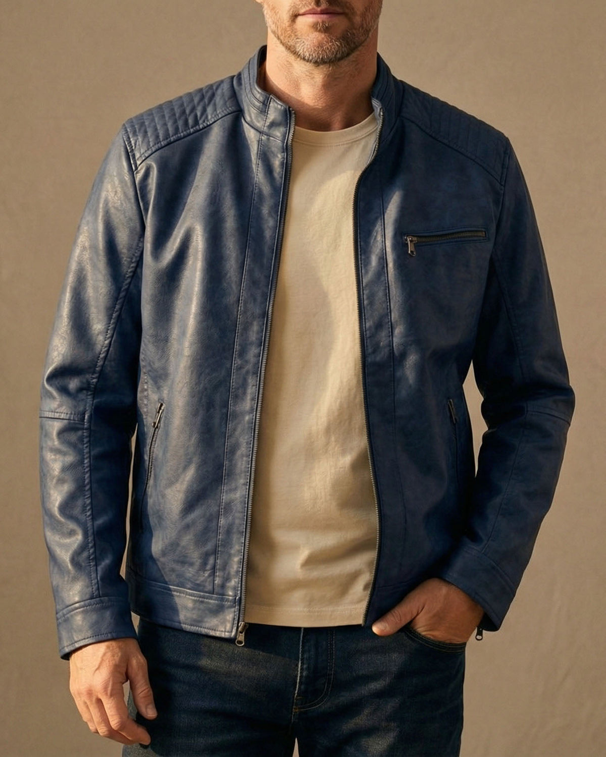 Men's Quilted Shoulder Jacket Structured Zip Pockets 8