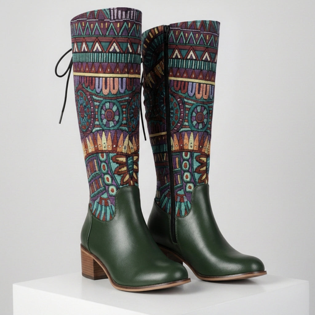 Women's Ankle Boots Bohemian Woven Shaft Almond Toe with Block Heel