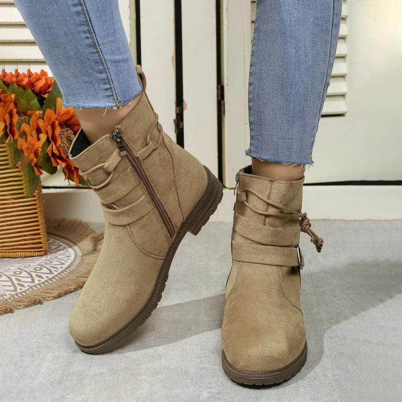 Women's Ankle Boots Tie Detail Side Zip Low Heel Rounded Toe