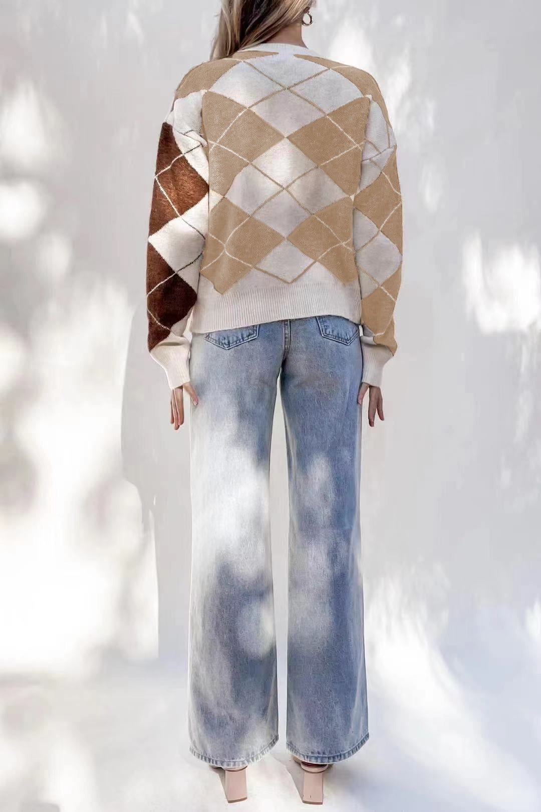 Women's Argyle Jumper | Ribbed Cuffs & Round Neck