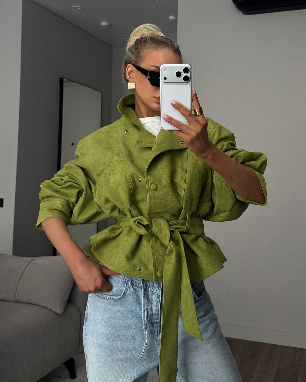 Women's Belted Jacket Stand Collar Relaxed Fit Batwing Sleeve