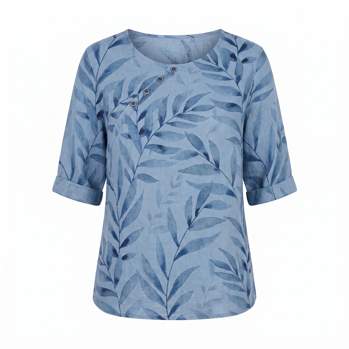 Women's Blouse | Leaf Print Asymmetric Button with Round Neck