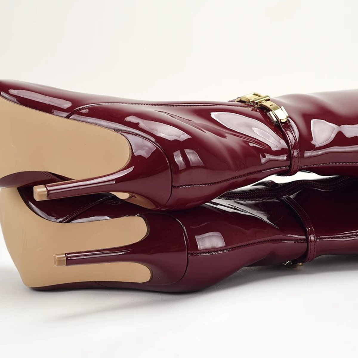 Women's Boots Pointed Toe Slim Stiletto Heel Glossy with Buckle Strap
