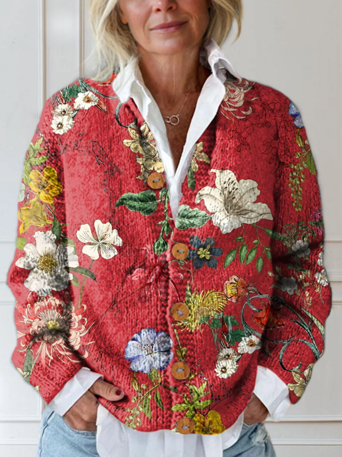 Women's Cardigan Floral Print Long Sleeve Button Front with Soft Knit
