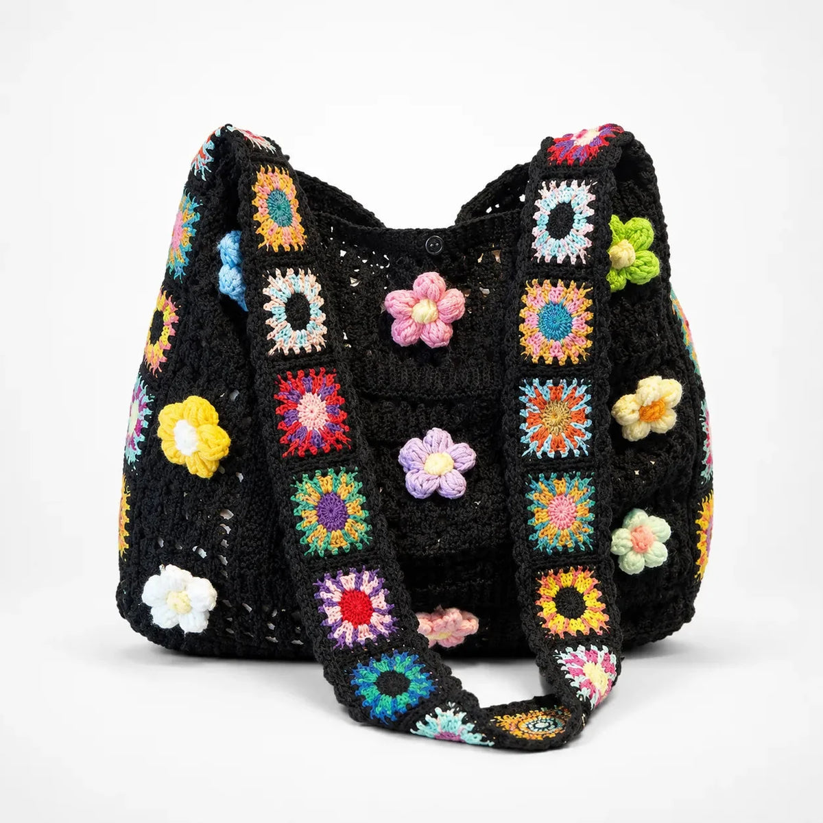 Women's Crochet Shoulder Bag | Floral 3D Detail & Roomy Design