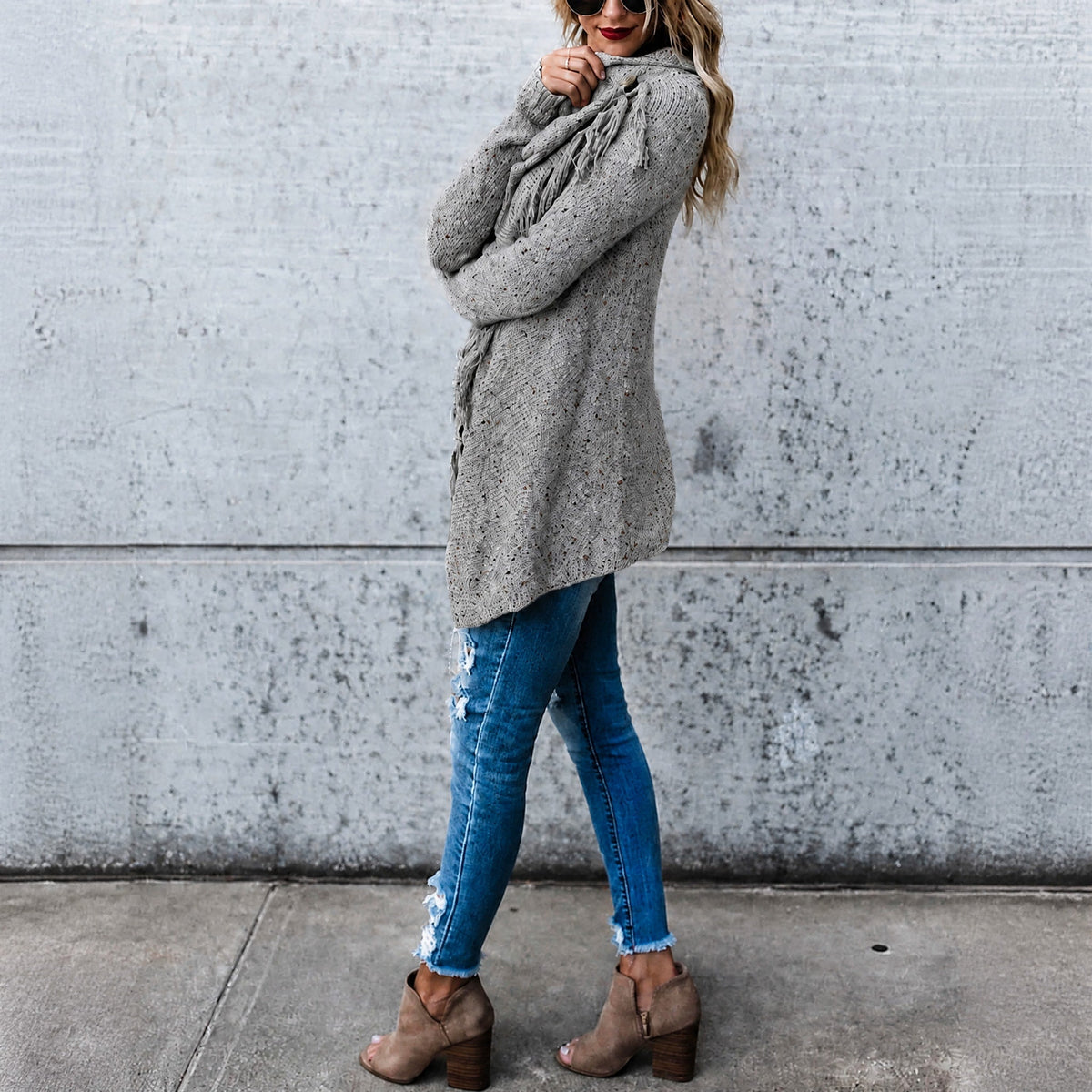 Women's Fringe Trim Cardigan | Waterfall Front & Oversized Fit