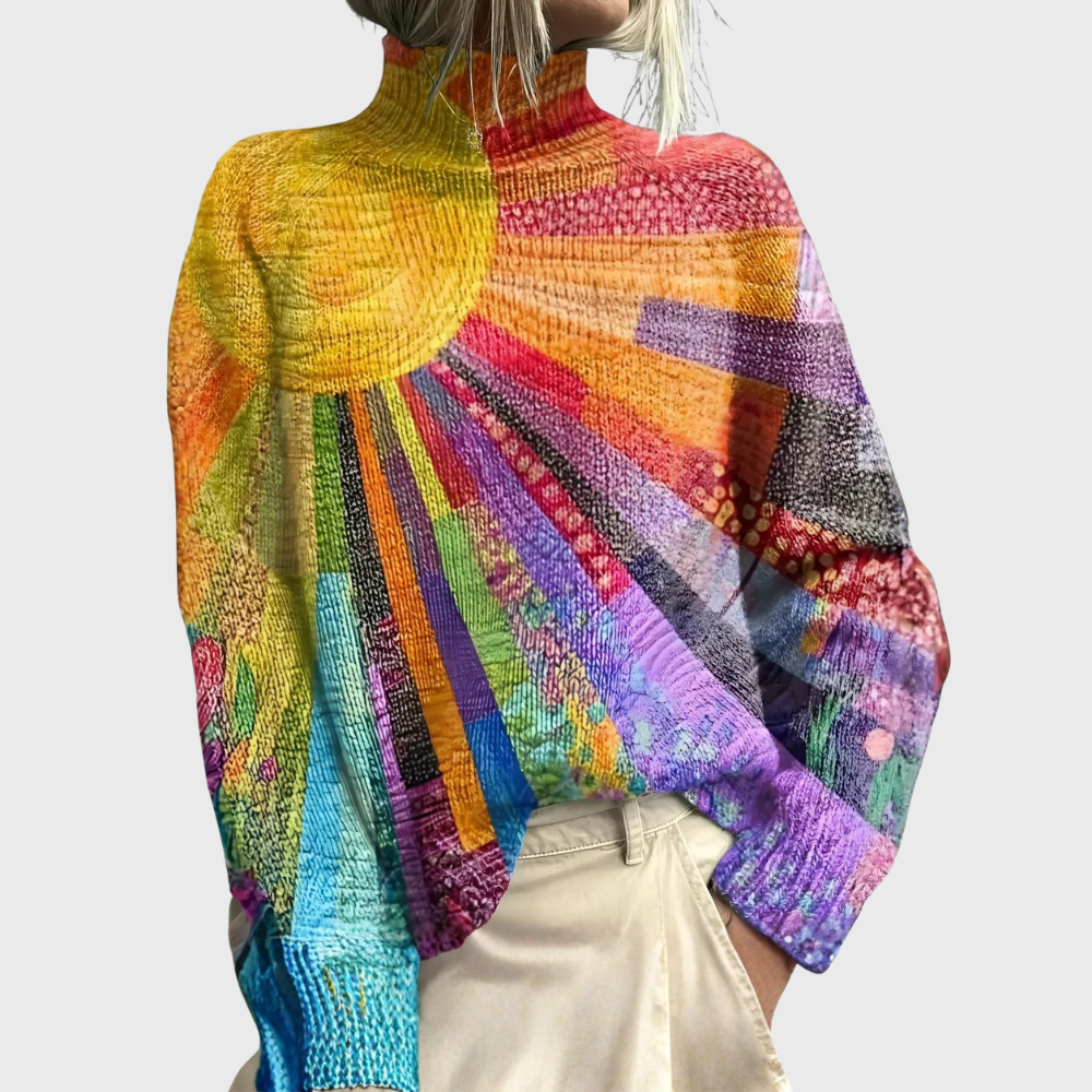 Women's High Neck Sweater | Colorful Pattern & Relaxed Fit