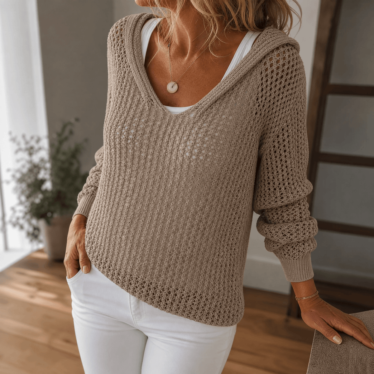 Women's Hooded Knit Pullover | Open-Weave & Relaxed Fit