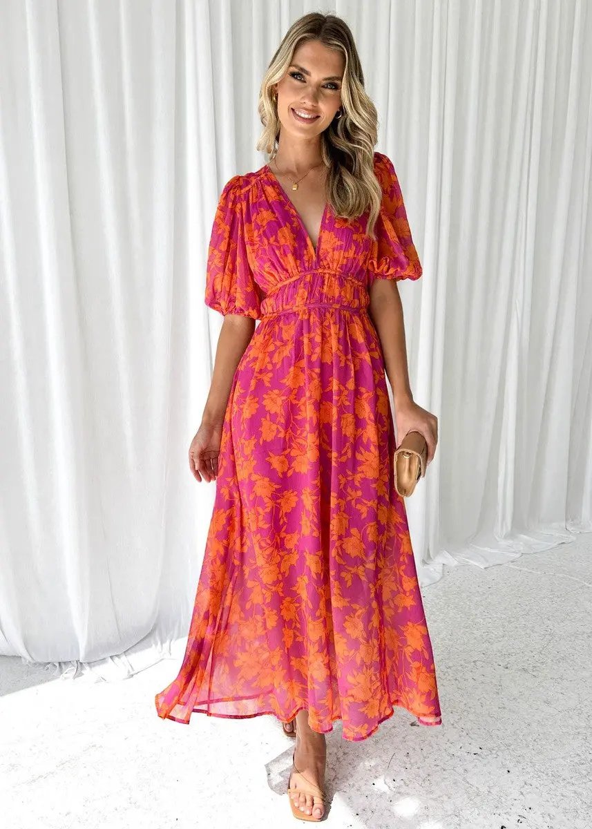Women's Midi Dress | V-Neck & Puff Sleeve
