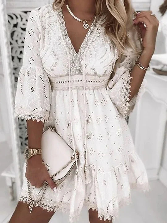 Women's Mini Dress | Embroidered & Flare Sleeves