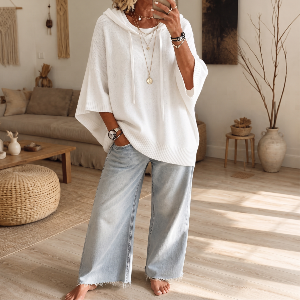 Women's Open-Knit Hoodie | Frayed-Edge Oversized Fit