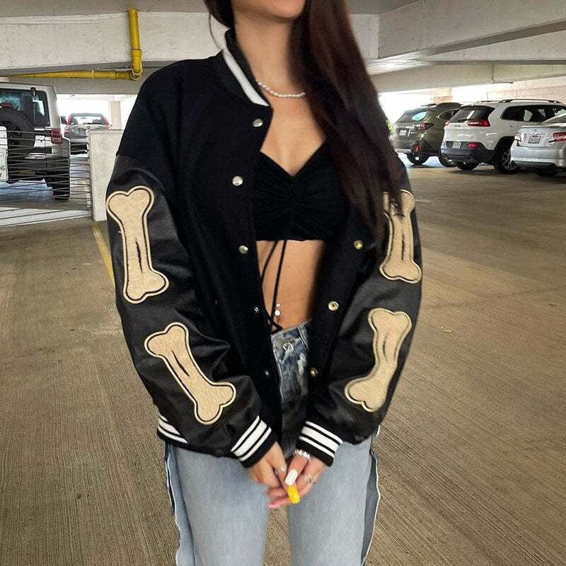 Women's Oversized Varsity Bomber Jacket Snap-Front Patch