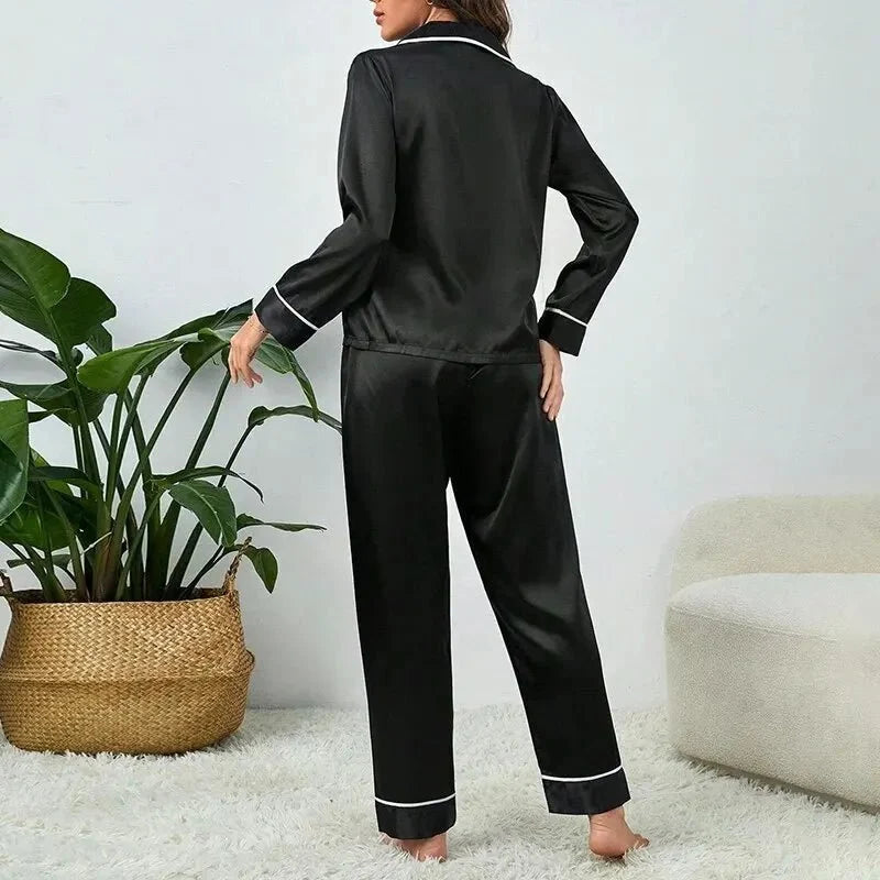 Women's Sleepwear Set Relaxed Fit Trousers Piped Collar with Buttons