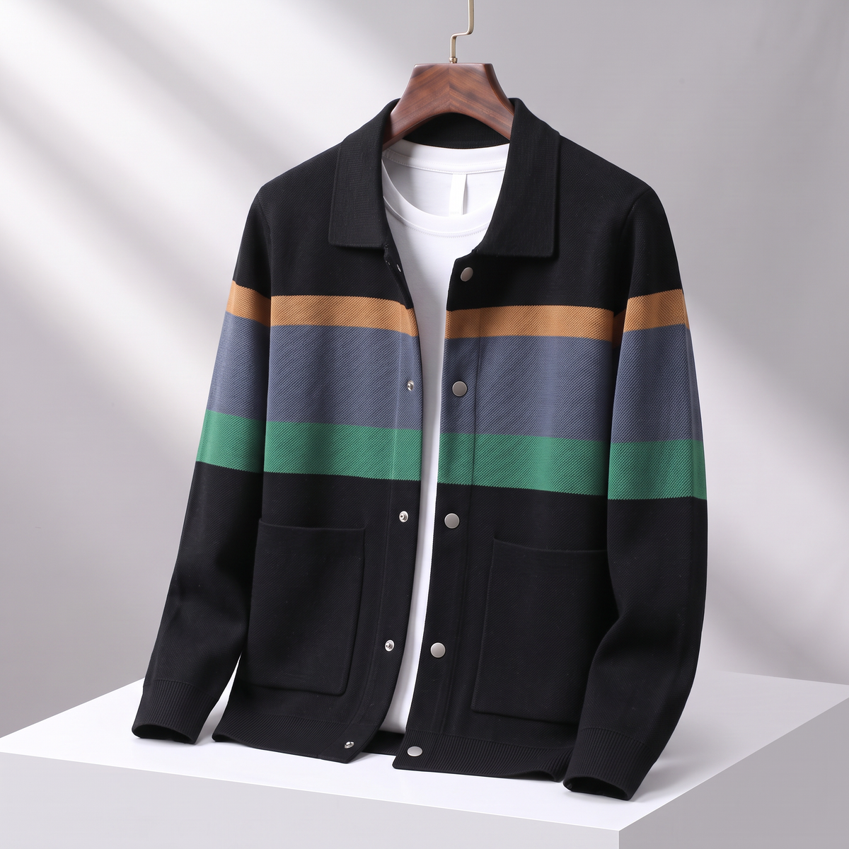 Women's Striped Knit Cardigan Snap-Button Structured Fit
