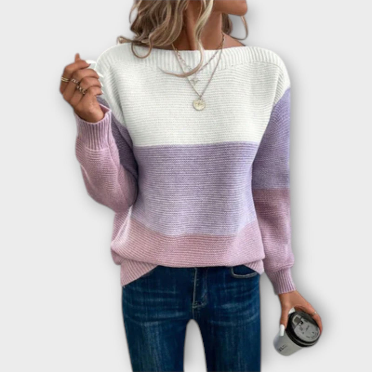 Women's Sweater Relaxed Fit Long Sleeve with Patchwork Panel Design