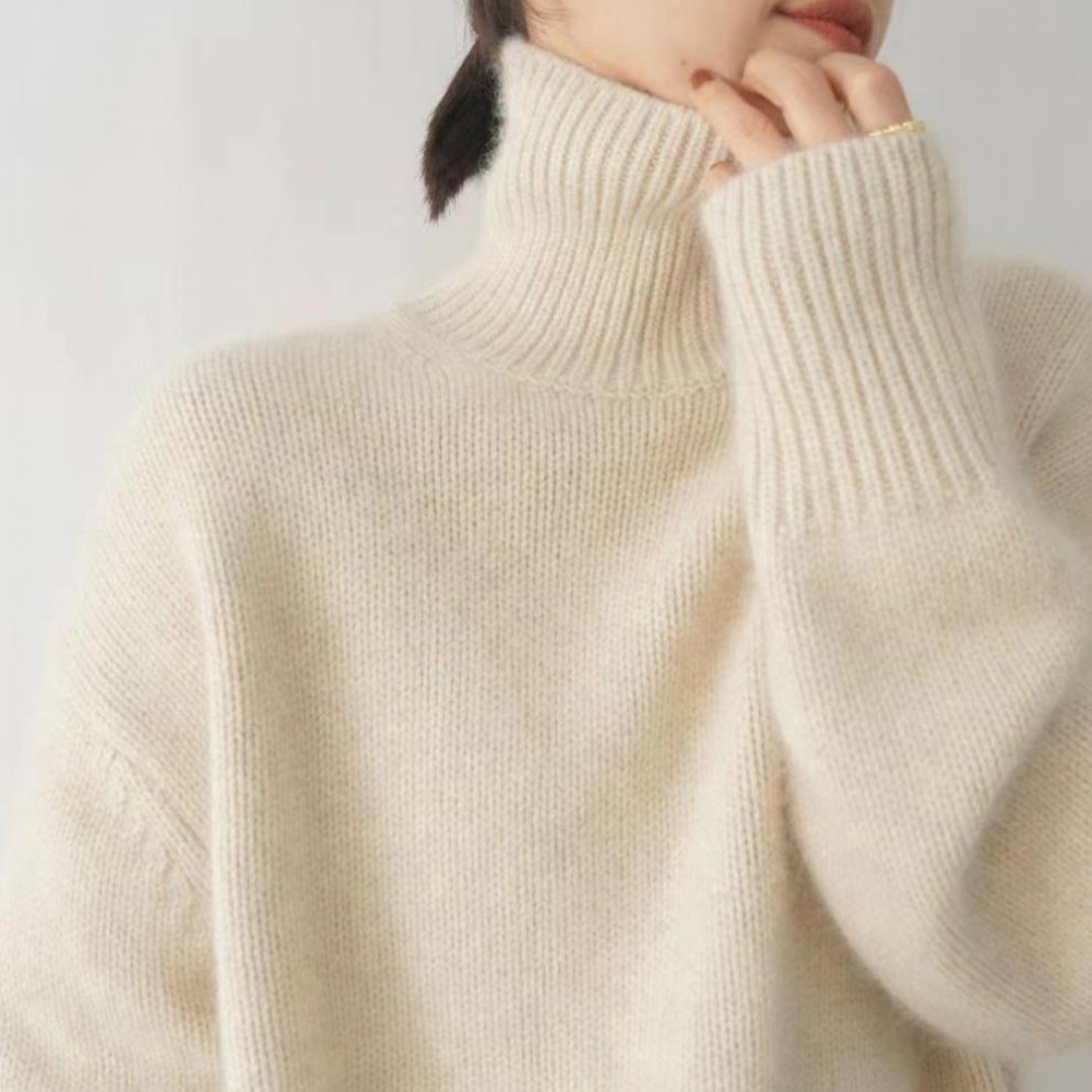 Women's Turtleneck Ribbed Collar Relaxed Fit with Dropped Shoulders