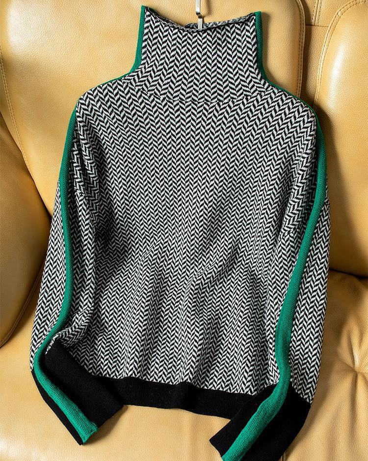Women's Turtleneck Sweater Knitted Relaxed Fit with Geometric Pattern