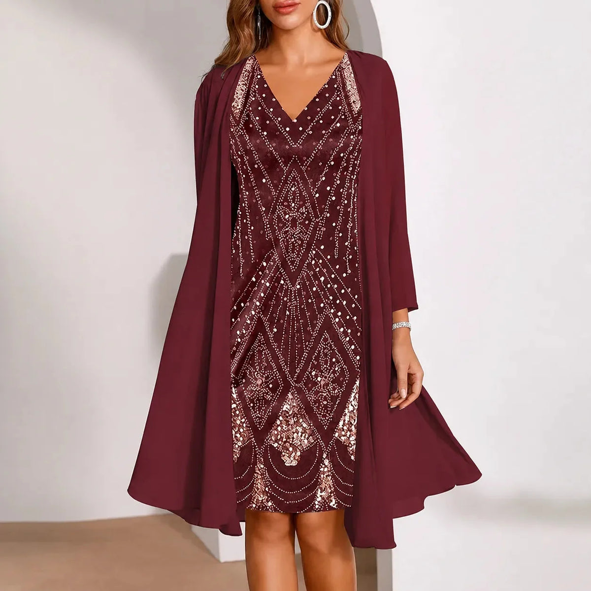 Women's Two-Piece Sequin Dress | Sheer Jacket & Shimmer Design