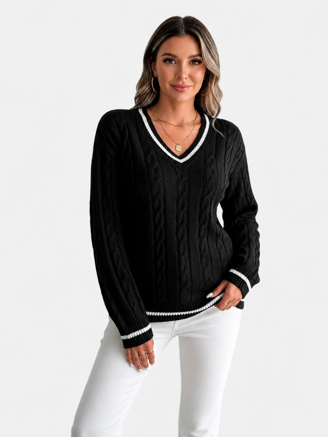 Women's V-Neck Sweater | Cable Knit & Striped Trims