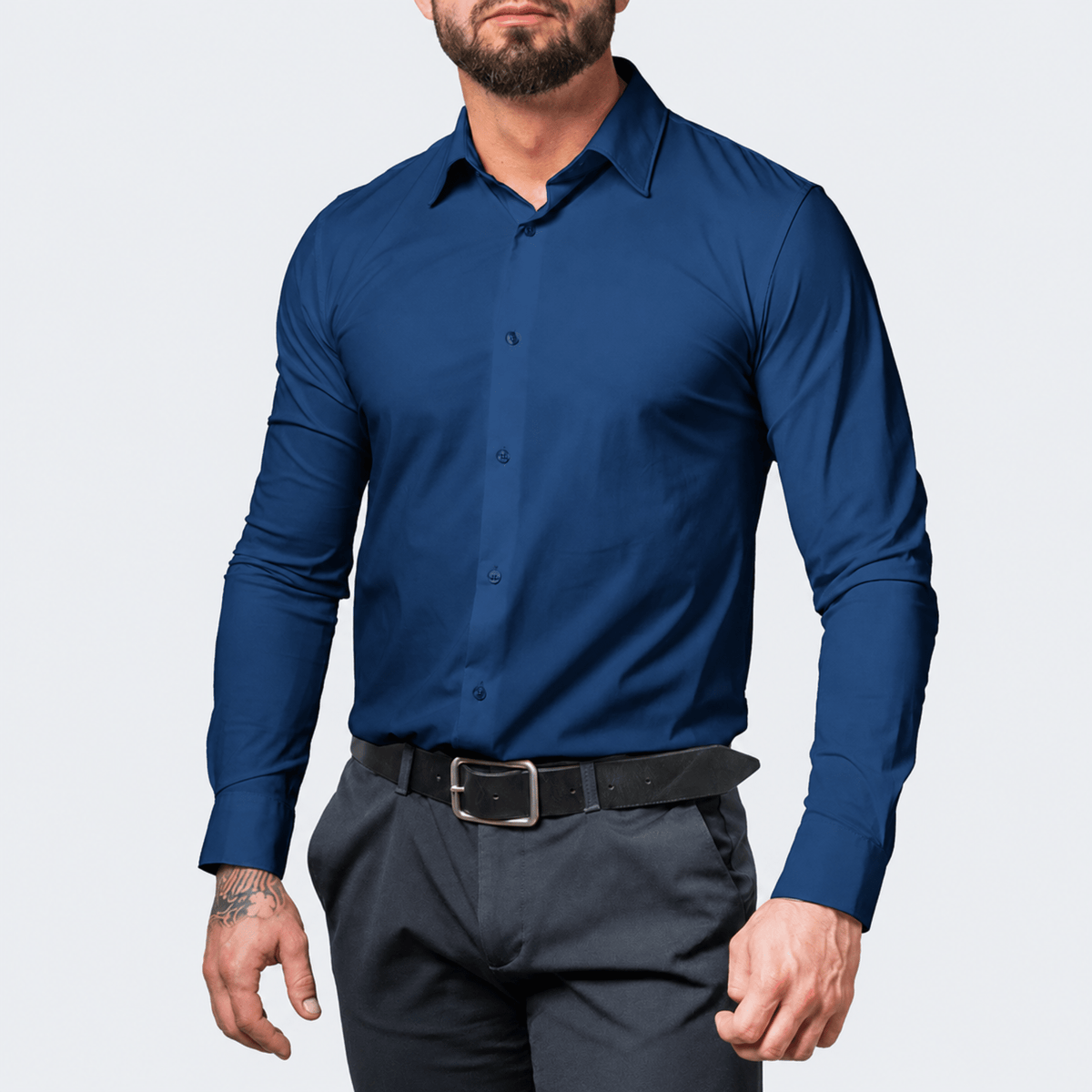 Arthur - Men's Slim Fit Long Sleeve Plain Dress Shirt - Dress Shirt - Navy Blue - Davies & Cooper