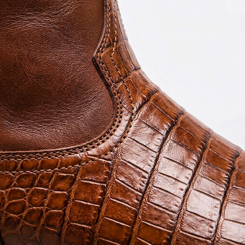 Jonas - Men's Western Pull-On Ankle Boots with Croc-Print Panel - Boots - Brown - Davies & Cooper