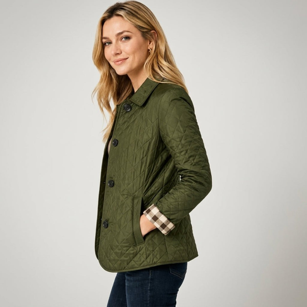 Klara - Women's Quilted Transitional Jacket with Collar and Button Front - Coats & Jackets - Green - Davies & Cooper