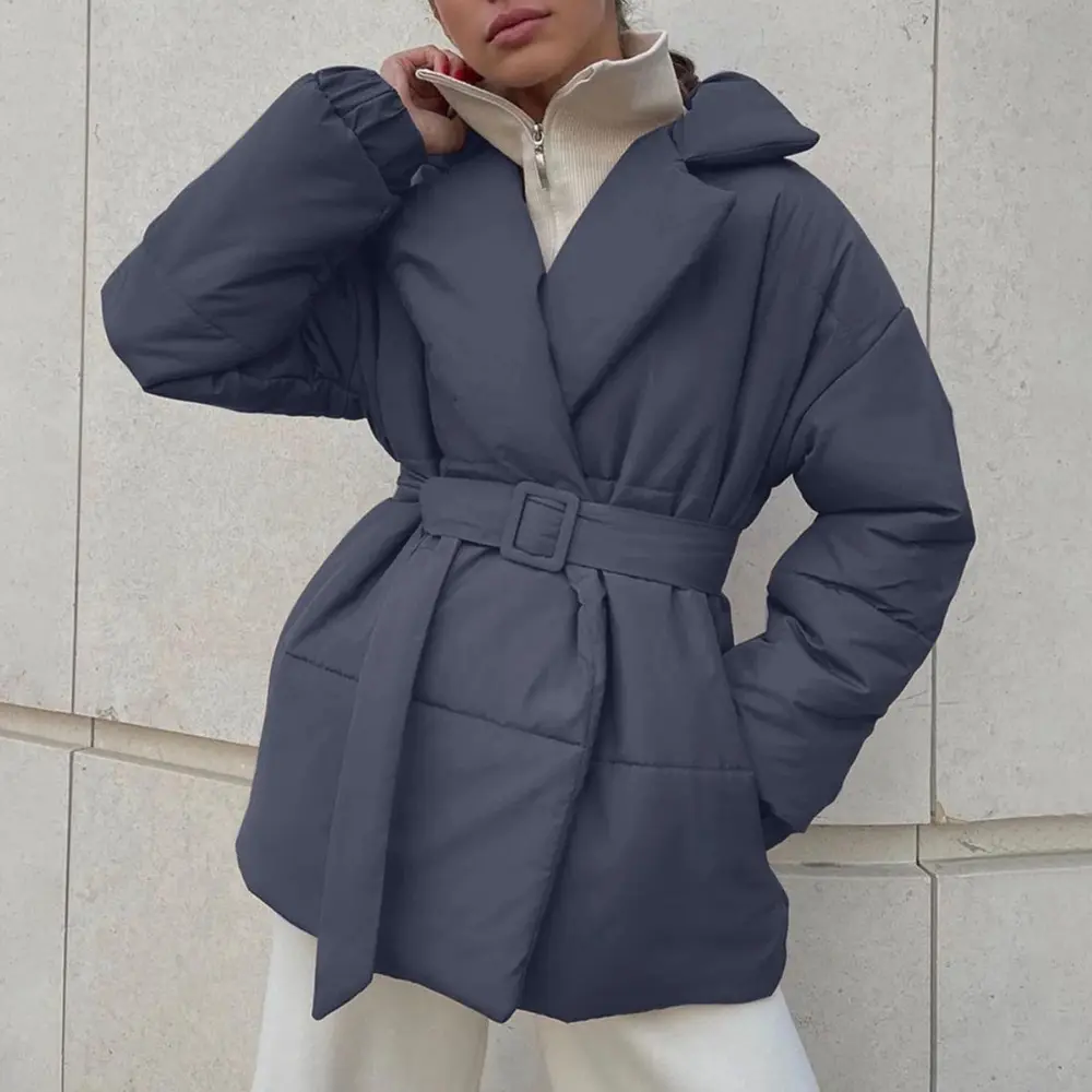 Women's Belted Puffer Jacket Notched Lapel Quilted Coat 4