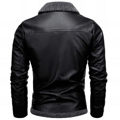 backside of a black leather jacket with pockets and sherpa lining