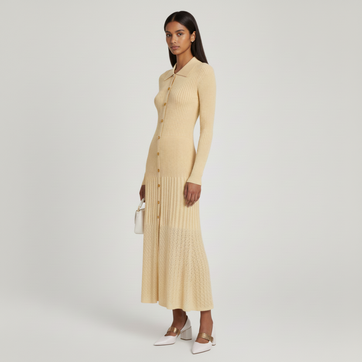 Women's Collared Knit Dress Fitted Button Sweater Frock 2