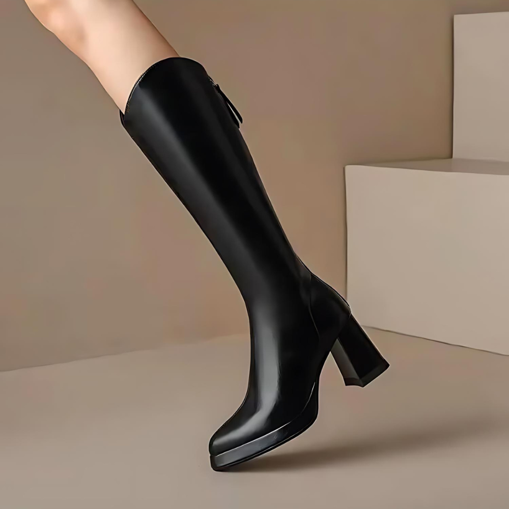 Women's Knee High Boots Block Heel Back Zip Fastening 6