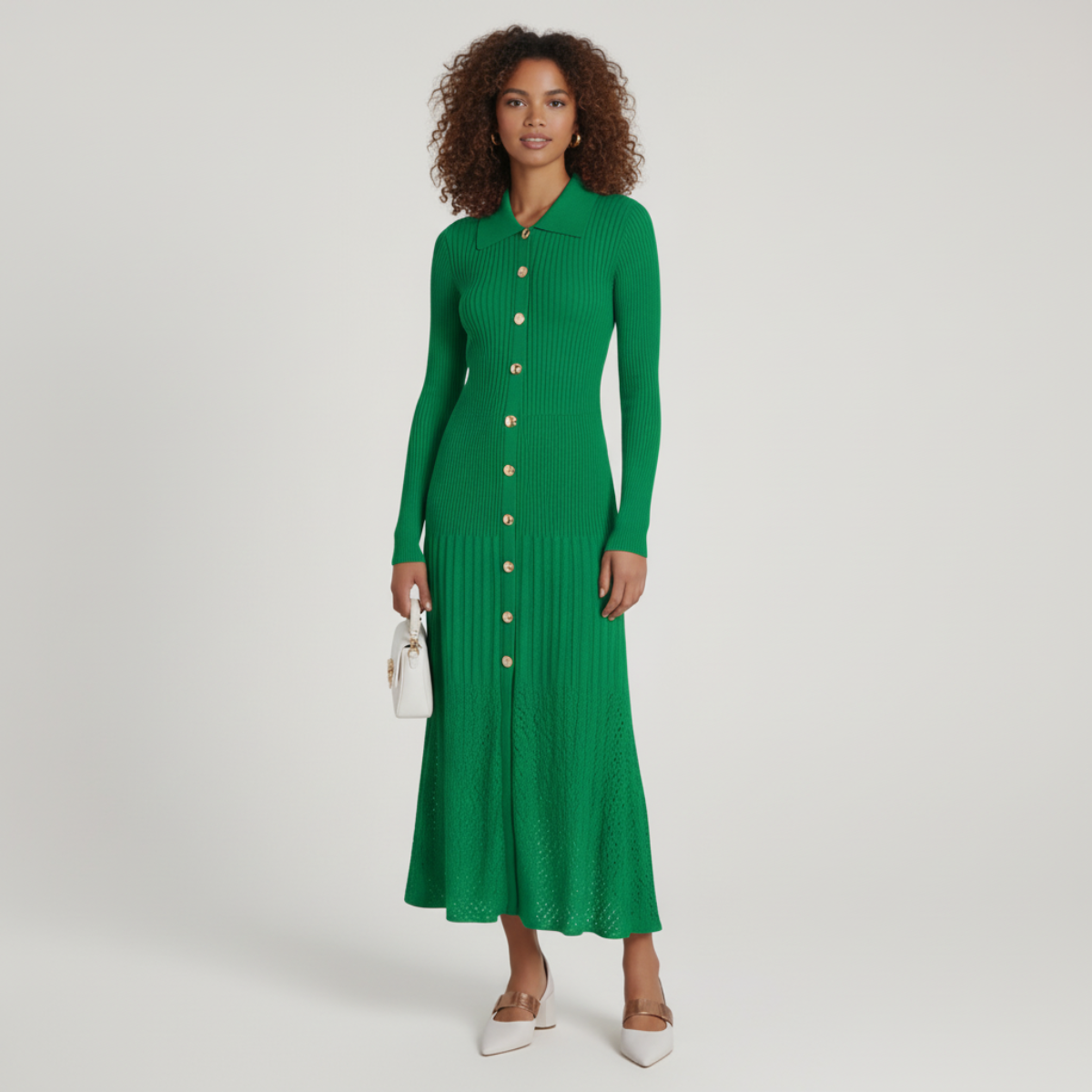 Women's Collared Knit Dress Fitted Button Sweater Frock 6
