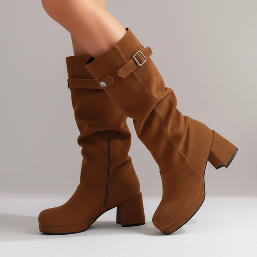 Women's Knee-High Boots Adjustable Buckle Block Heel 7