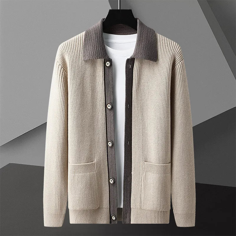 Men's Two-Tone Knit Cardigan Button Placket Winter Sweater 4