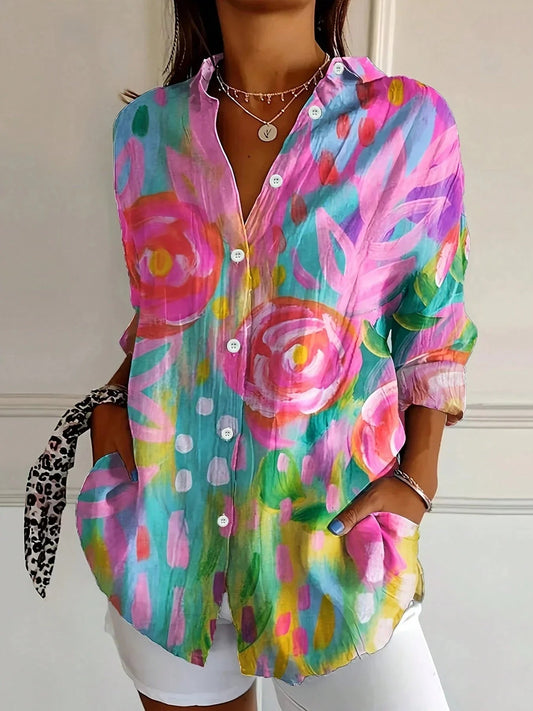 Blouse Women's | Abstract Print & Long Sleeve Button-Front