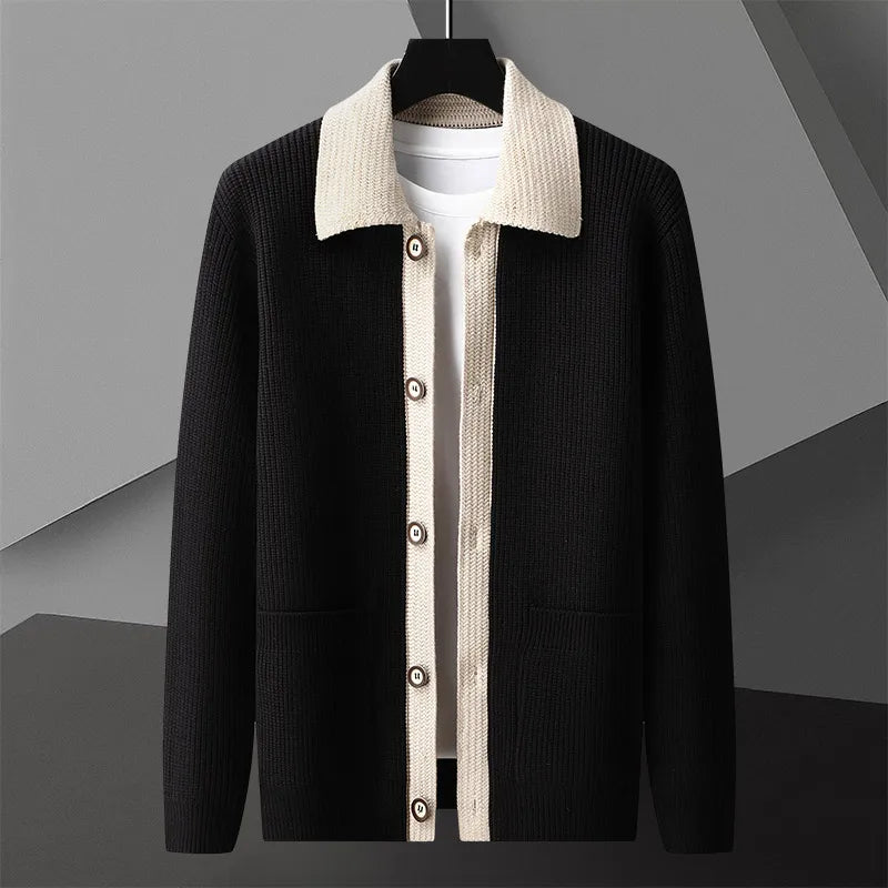 Men's Two-Tone Knit Cardigan Button Placket Winter Sweater 6