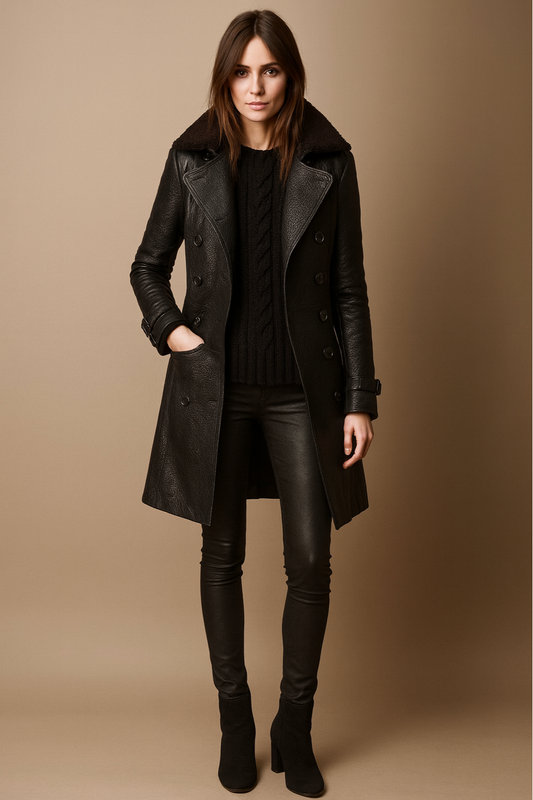 Chic Black Faux Leather Trench Coat for Stylish Occasions