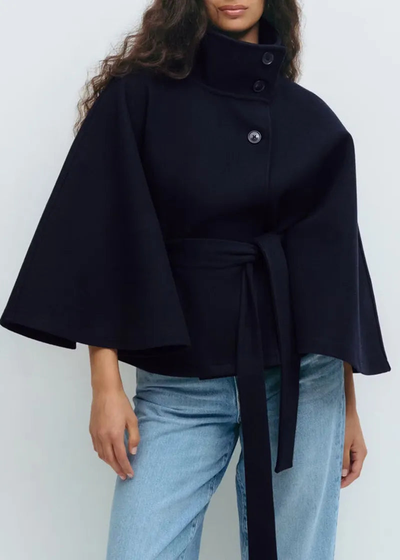 Chic Cape Coat for Women - Funnel Neck & Belted Design